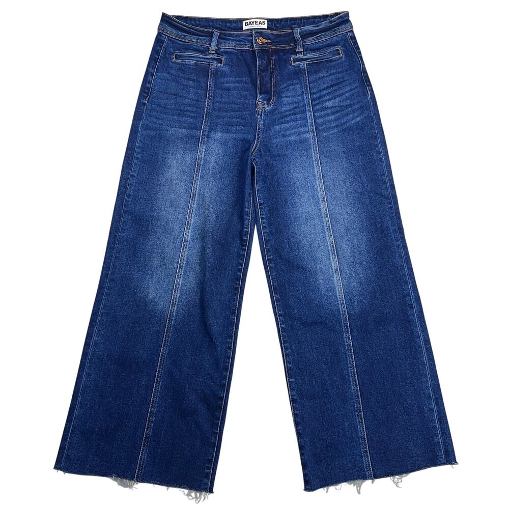 BAYEAS BYW8116 High Rise Wide Leg Jeans Front Seam Dark Raw Hem Crop Size 31